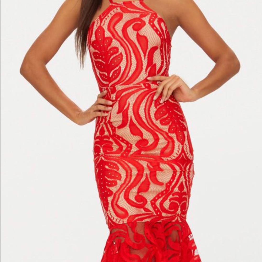 PrettyLittleThing Red Lace Midi Dress